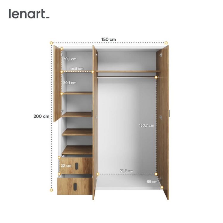 Szafa młodzieżowa SIMI – przestronna, trzydrzwiowa garderoba z szufladami - wymiary