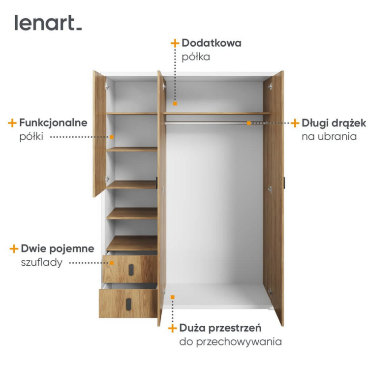 Szafa młodzieżowa SIMI – przestronna, trzydrzwiowa garderoba z szufladami