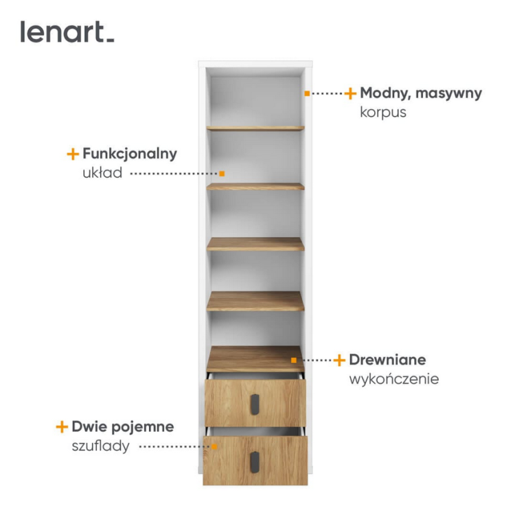 Regał młodzieżowy SIMI – wysoki regał z półkami i dwoma szufladami