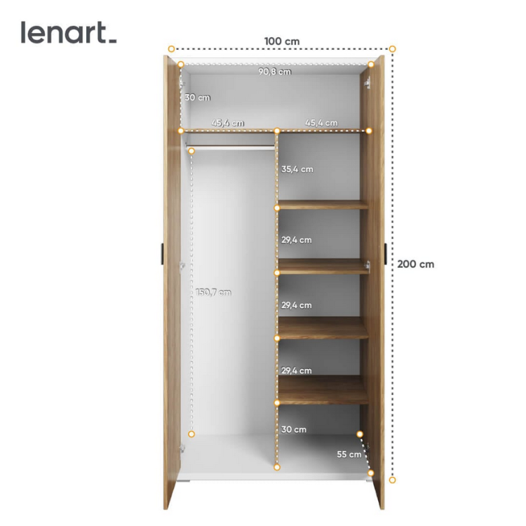 Szafa młodzieżowa SIMI – kompaktowa, dwudrzwiowa szafa z drążkiem i półkami