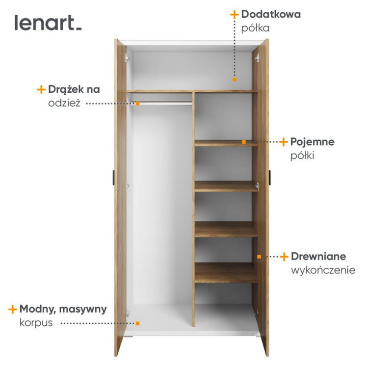 Szafa młodzieżowa SIMI – kompaktowa, dwudrzwiowa szafa z drążkiem i półkami