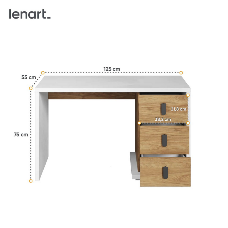 Biurko młodzieżowe SIMI – ergonomiczne biurko młodzieżowe z trzema szufladami - wymiary