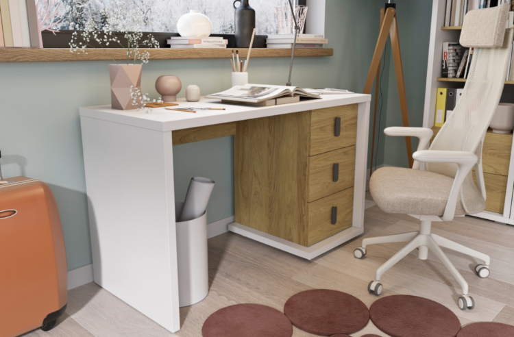 Szafa młodzieżowa SIMI – przestronna, trzydrzwiowa garderoba z szufladami - aranżacja, biurko