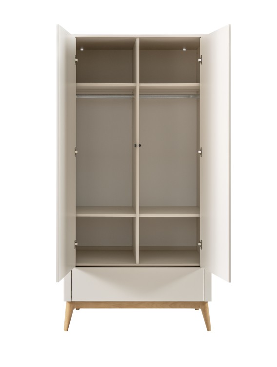 Szafa dwudrzwiowa PINIO Seth w kolorze szampańskim z szufladą push-to-open – elegancki design