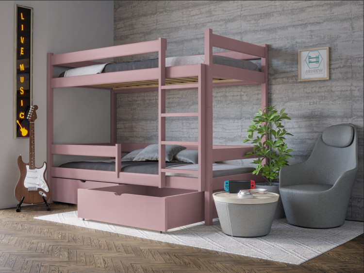 Drewniane Łóżko Piętrowe MOON - różne kolory i rozmiary róż