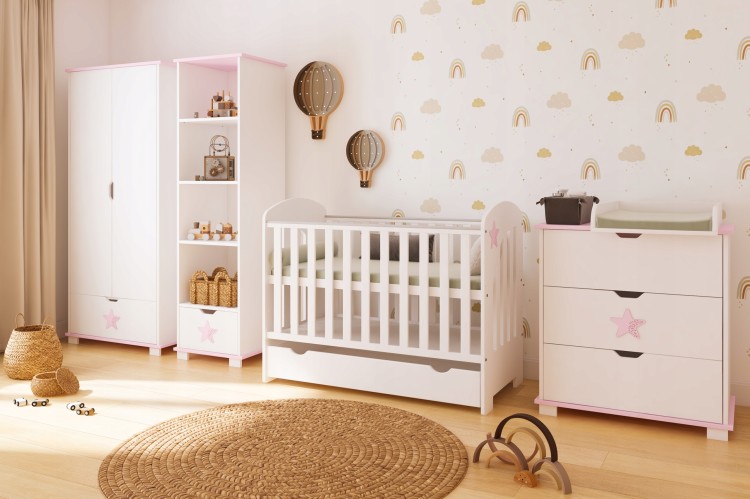 Drewniana Szafa Dwudrzwiowa STAR Z Szufladą - aranżacja różowa