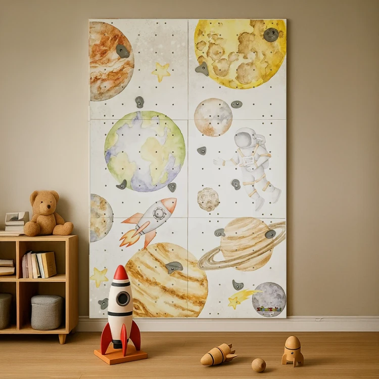 Ścianka wspinaczkowa dla dzieci Kosmos, modułowa ścianka wspinaczkowa z kosmiczną grafiką