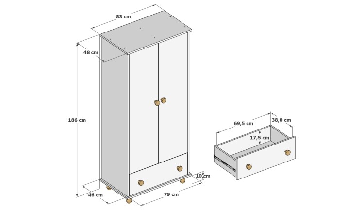 Szafa do pokoju dziecięcego dwudrzwiowa z szufladą LUMI mięta