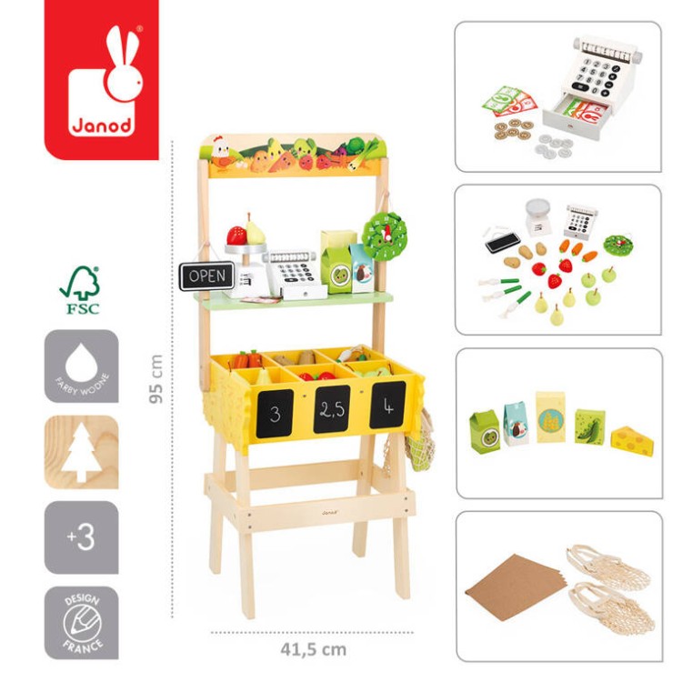 Drewniany sklep Warzywniak Farma 3+ Janod – zabawka edukacyjna dla dzieci