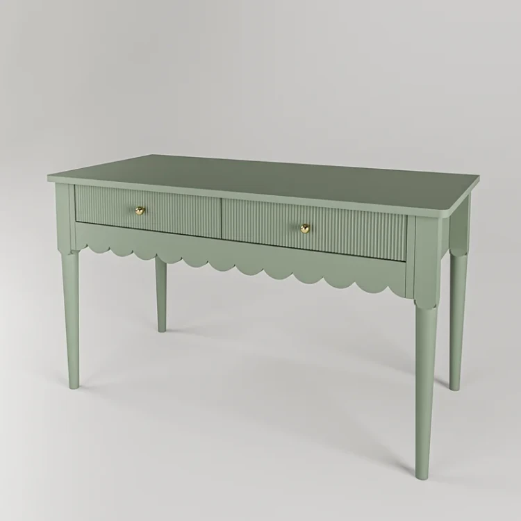 Biurko zielone ARIA z falbanką i ryflowanymi frontami – eleganckie biurko dziecięce,
