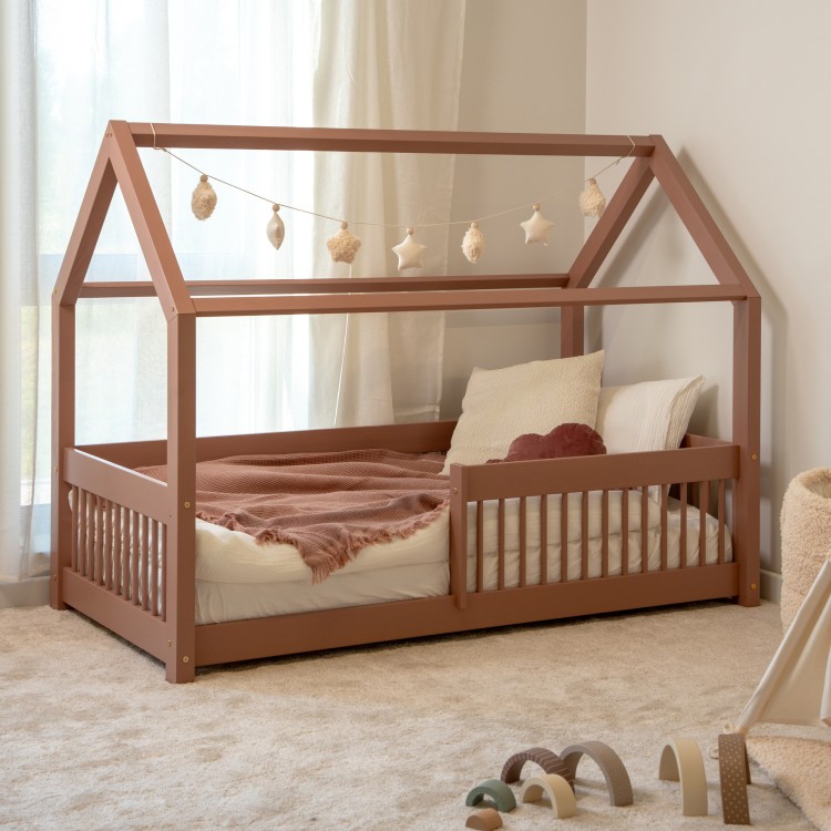 Łóżko domek dla dzieci Adeko z barierkami Dusty pink