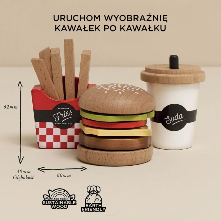 Drewniany zestaw 3w1 Hamburger, Frytki i Napój – Le Toy Van