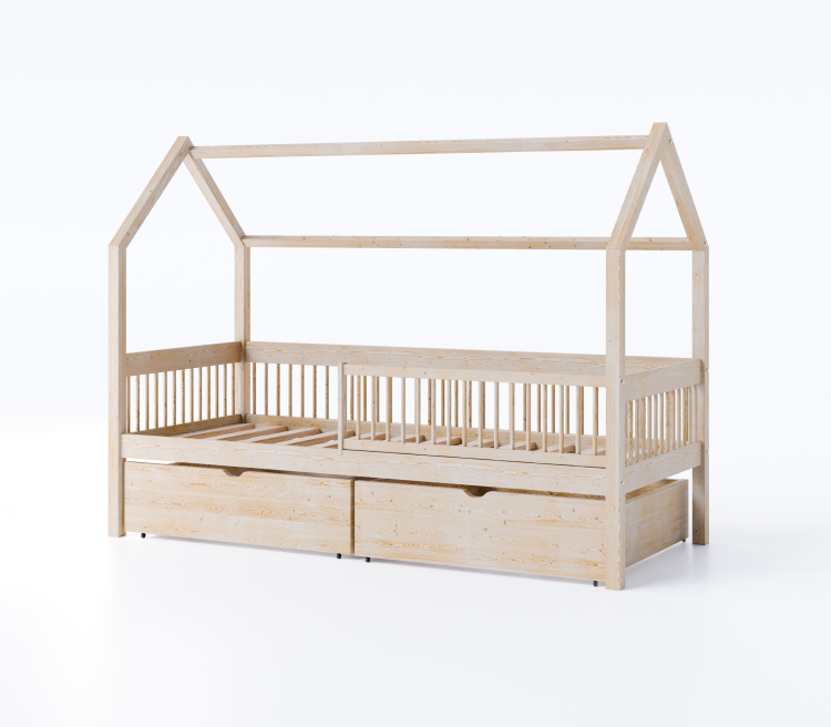 Łóżko domek Dream House z barierką z drewna sosnowego