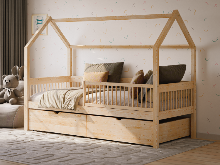 Łóżko domek Dream House z barierką z drewna sosnowego z szufladą