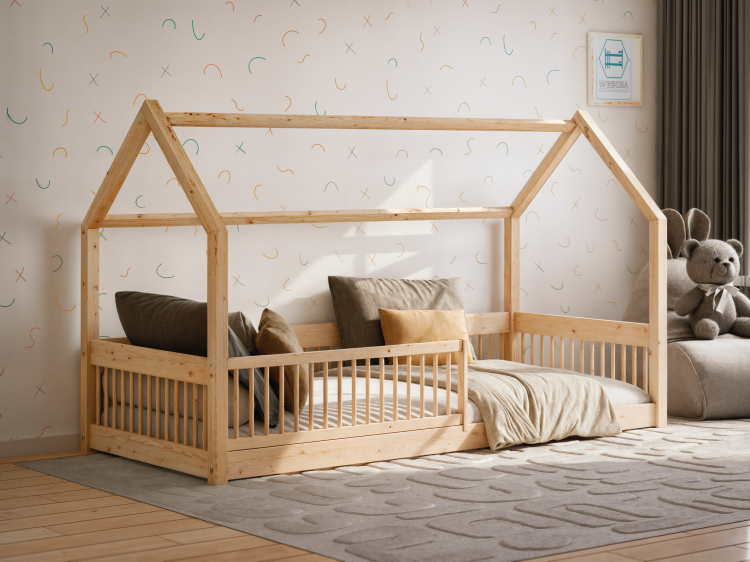 Łóżko domek Dream House z barierką z drewna sosnowego