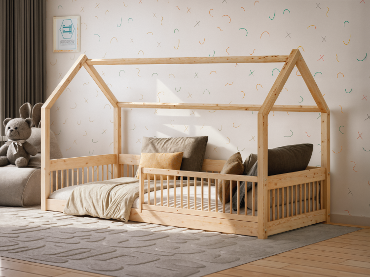 Łóżko domek Dream House z barierką z drewna sosnowego