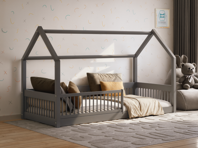 Drewniane szare łóżko domek dla dziecka Dream House w pokoju dziecięcym