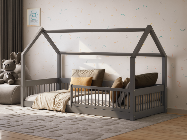Szare łóżko domek Dream House z barierką z drewna sosnowego