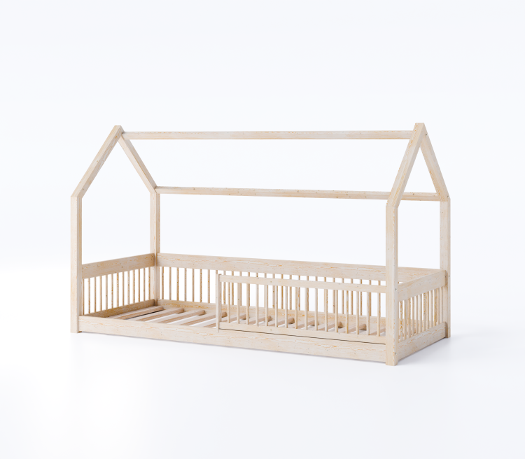 Drewniane sosnowe łóżko domek dla dziecka Dream House w pokoju dziecięcym