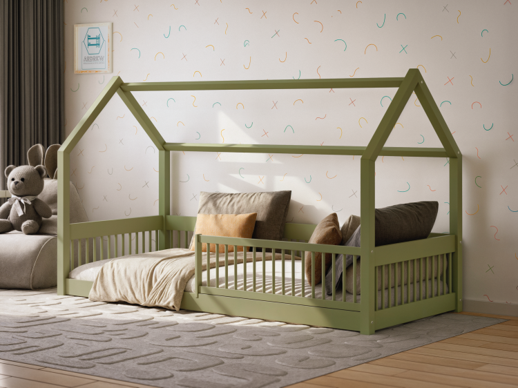 Drewniane łóżko domek Dream House oliwka – łóżko dla dziecka z barierką