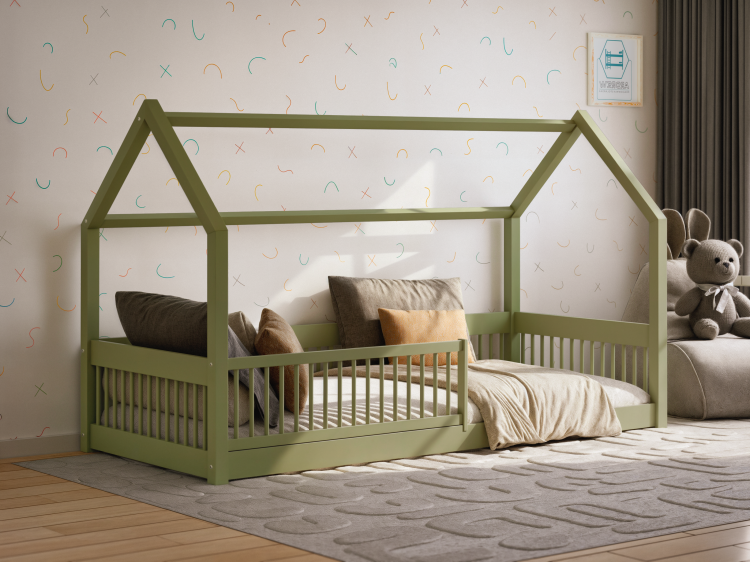 Drewniane łóżko domek Dream House oliwka – łóżko dla dziecka z barierką