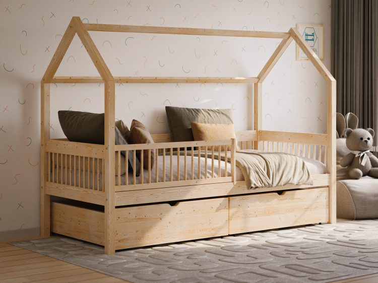 Sosnowe łóżko domek Dream House dla dziewczynki z barierką i szuflada
