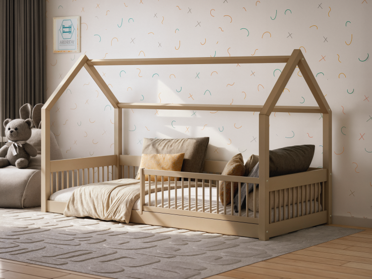 Łóżko domek Dream House kaszmir – drewniane łóżko dla dziecka z barierką