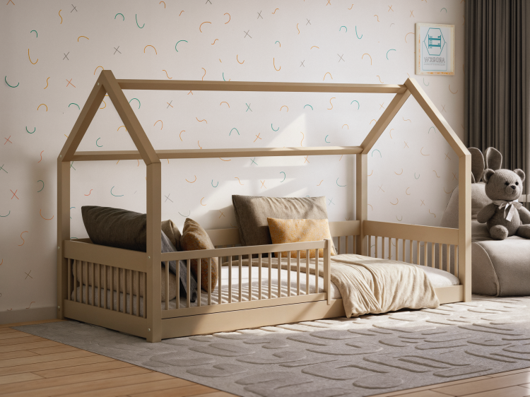 Łóżko domek Dream House kaszmir – drewniane łóżko dla dziecka z barierką