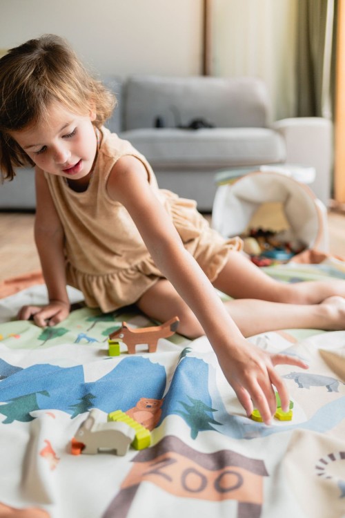 Play&Go SOO Kosz na Zabawki i Mata do Zabawy 2w1 Zoo – mata dziecięca z nadrukiem zoo, która po zabawie zamienia się w kosz na zabawki.