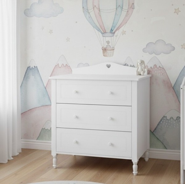 Biała, drewniana komoda dziecięca, z trzema szufladami, dla dziewczynki -Julie.jpg