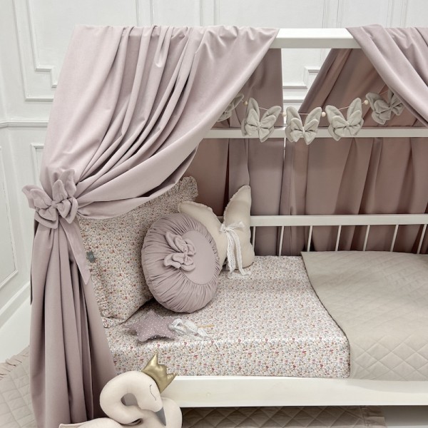 Zasłonki Velvet Pastelowy Róż do łóżeczka domek – aksamitny baldachim dla dziecka