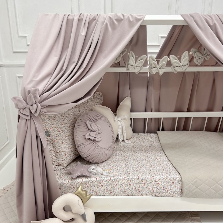 Zasłonki Velvet Pastelowy Róż do łóżeczka domek – aksamitny baldachim dla dziecka