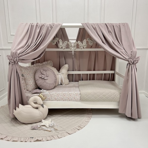 Zasłonki Velvet Pastelowy Róż do łóżeczka domek – aksamitny baldachim dla dziecka