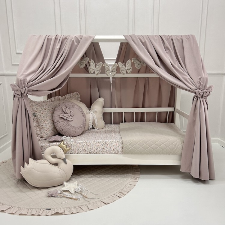 Zasłonki Velvet Pastelowy Róż do łóżeczka domek – aksamitny baldachim dla dziecka