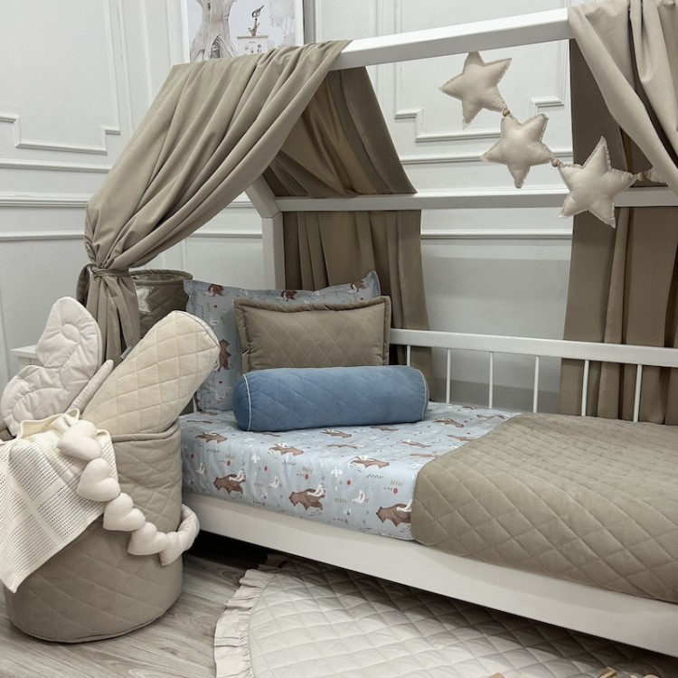 Zasłonki Velvet Beżowy do łóżeczka domek – aksamitny baldachim dla dziecka