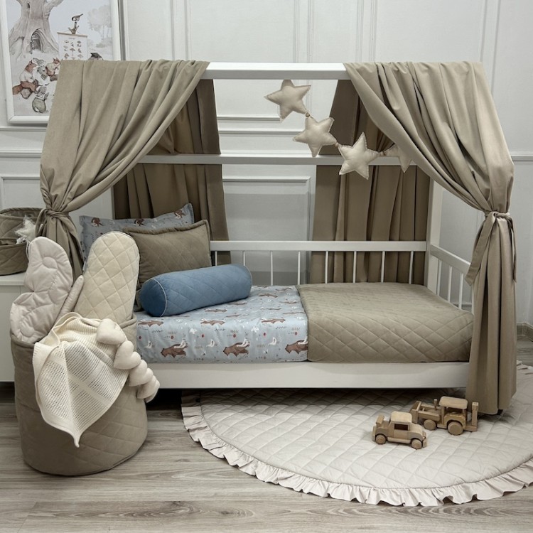 Zasłonki Velvet Beżowy do łóżeczka domek – aksamitny baldachim dla dziecka