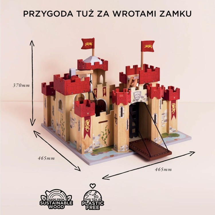 Drewniany zamek Lionheart Le Toy Van z mostem zwodzonym, wieżami i fosą