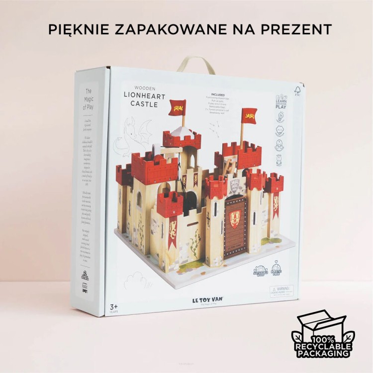 Drewniany zamek Lionheart Le Toy Van z mostem zwodzonym, wieżami i fosą