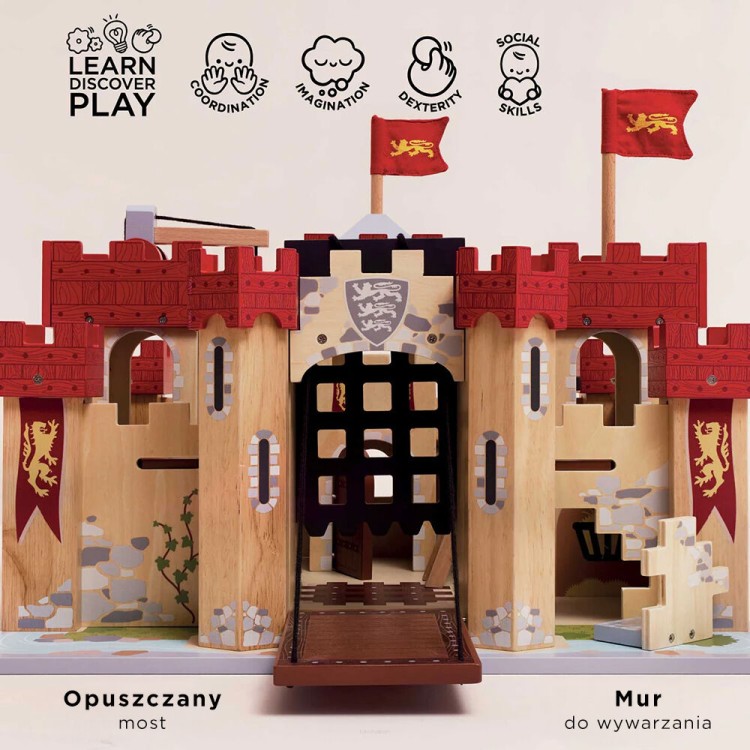 Drewniany zamek Lionheart Le Toy Van z mostem zwodzonym, wieżami i fosą