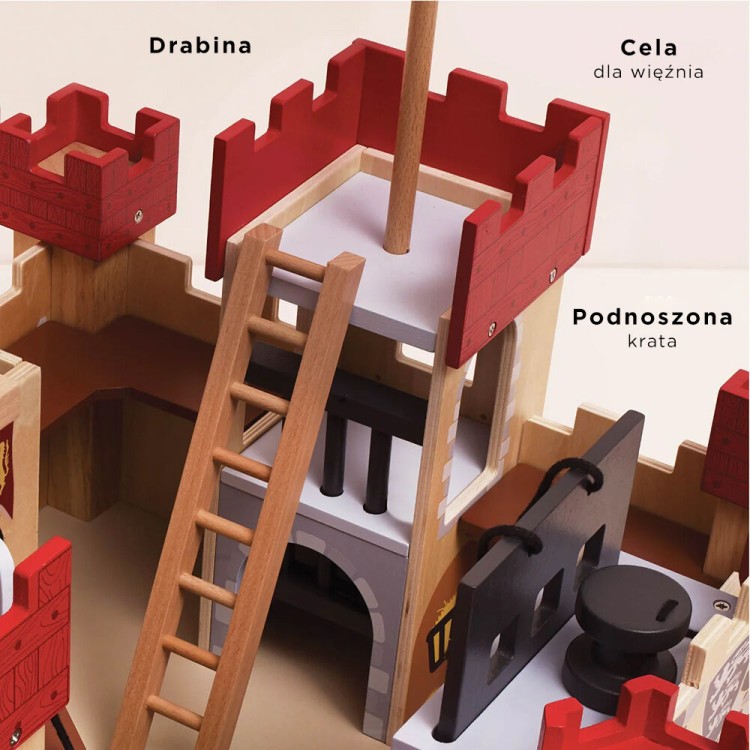 Drewniany zamek Lionheart Le Toy Van z mostem zwodzonym, wieżami i fosą