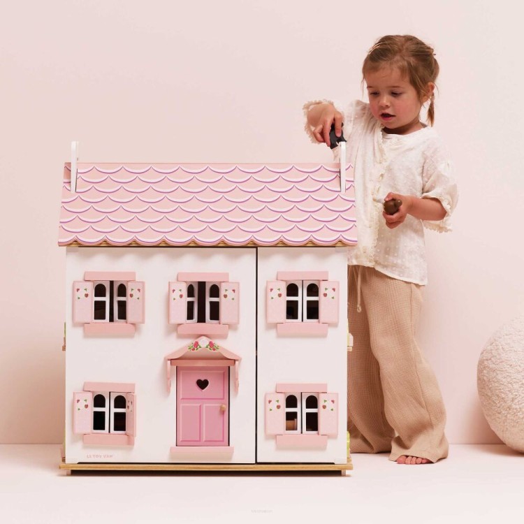 Drewniany domek dla lalek Sophie Le Toy Van z meblami i 7-osobową rodziną lalek