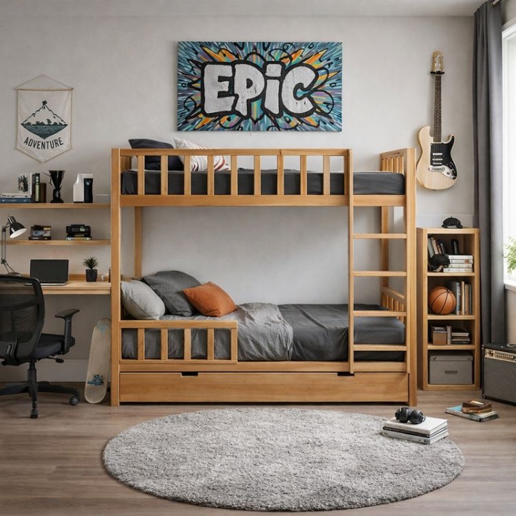 Drewniane Łóżko Piętrowe 2 osobowe Bukowe FUN
