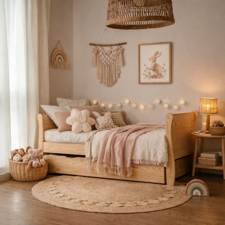 Łóżko dziecięce Paris z naturalnego drewna sosnowego z szufladą