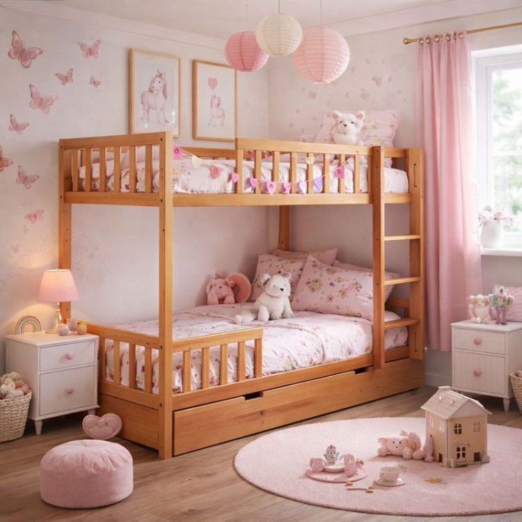 Drewniane Łóżko Piętrowe 2 osobowe Bukowe FUN