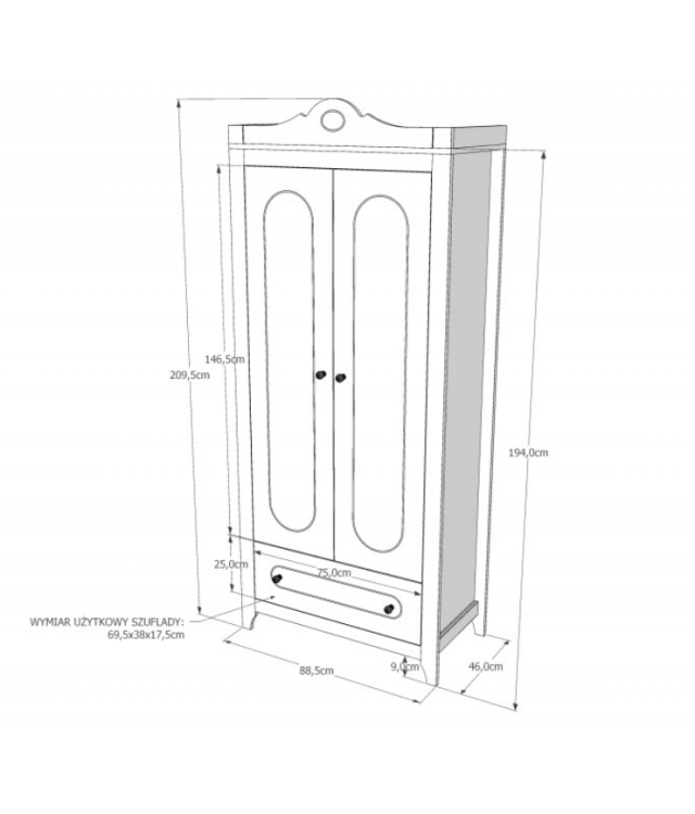 Szafa dwudrzwiowa z szufladą GLAMOUR - wymiary