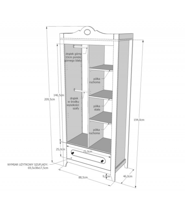 Szafa dwudrzwiowa z szufladą GLAMOUR - wymiary