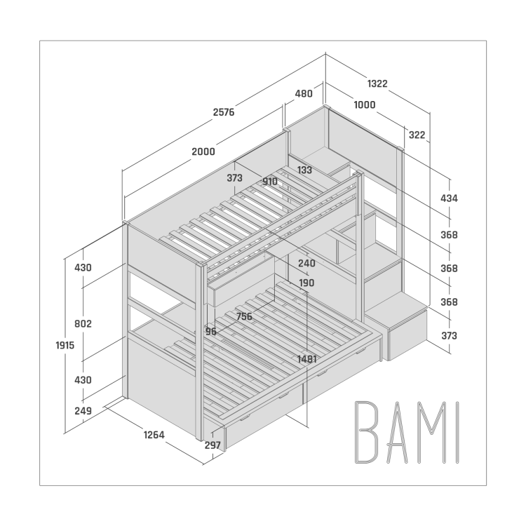 Drewniane łóżko piętrowe ze schodami dla dzieci Simone - 7 kolorów
