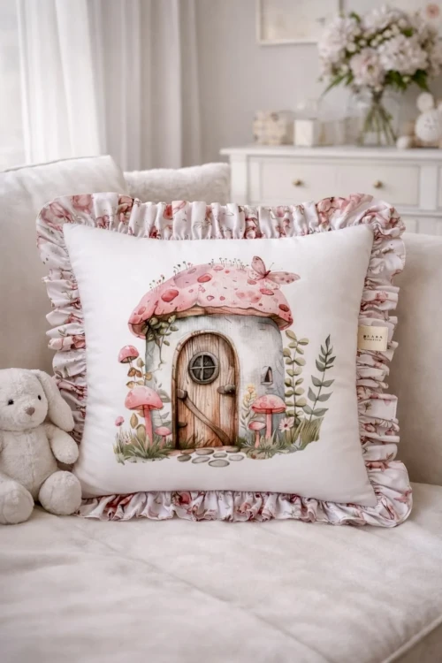 Poduszka domek wróżek dla dziewczynki – dekoracyjna z bawełny premium
