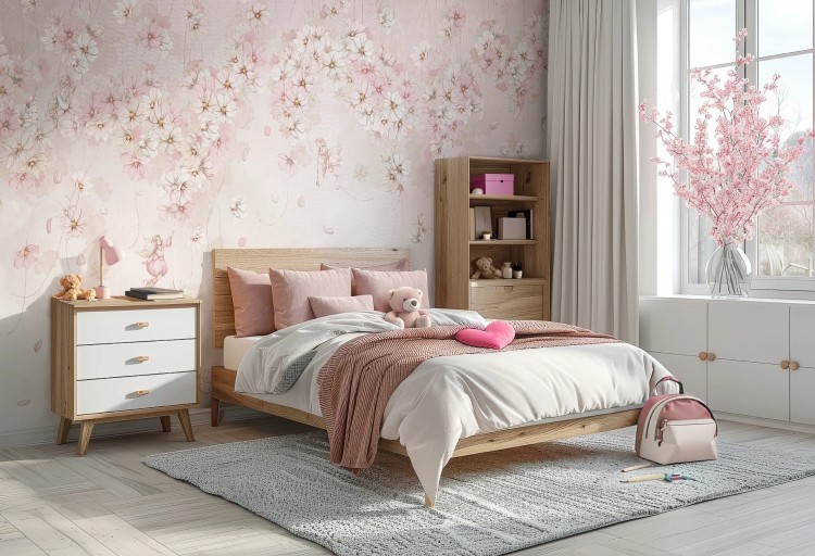 Tapeta dla dzieci Malumi DAPHNE - rose - tapeta do pokoju dziewczynki z wróżkami wśród kwiatów