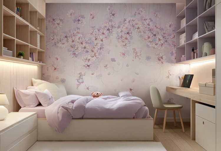 Tapeta dla dzieci Malumi DAPHNE cotton candy- kwiatowa tapeta dla dziewczynki z wróżkami